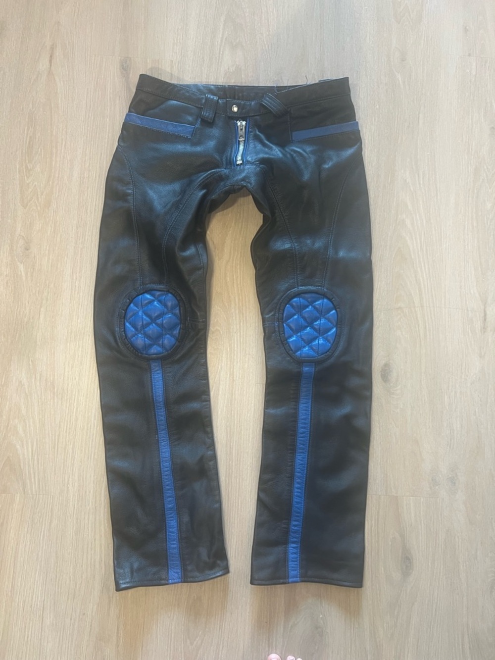 Vintage genuine leather moto pants black/ blue Sz 32 unisex